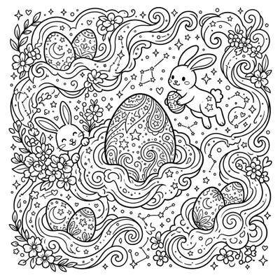 Dive into a unique celestial Easter celebration with this enchanting coloring page. Featuring adorable bunnies, beautifully decorated eggs, and swirling nebula patterns, it's perfect for a magical spring coloring experience.