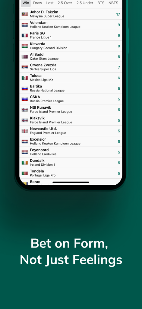 BetAnalysis & Prediction - スポーツベッティング予測のためのサッカーチームのフォーム統計とリーグパフォーマンスランキングを表示するモバイルアプリの画面。