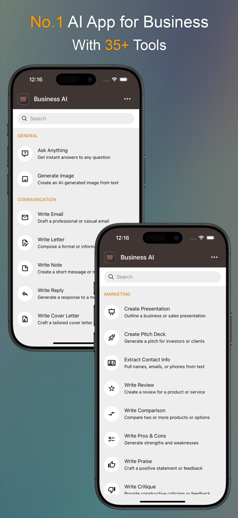 Screenshot der Business AI App-Oberfläche, die eine Liste von über 35 professionellen Tools für Vertrieb und Marketing anzeigt.