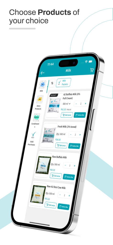 V-Rich Products - V-Rich app screen showing a selection of fresh A2 buffalo and cow milk products with subscription options