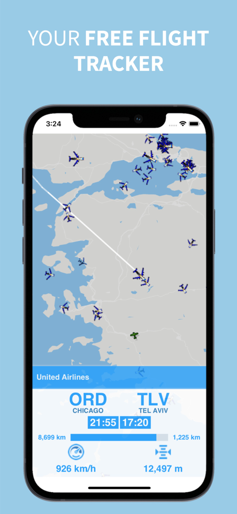 Flight Navigation - Mobile Benutzeroberfläche der Flugnavigations-App, die eine Live-Karte mit Flugzeugsymbolen und spezifischen Flugdaten anzeigt