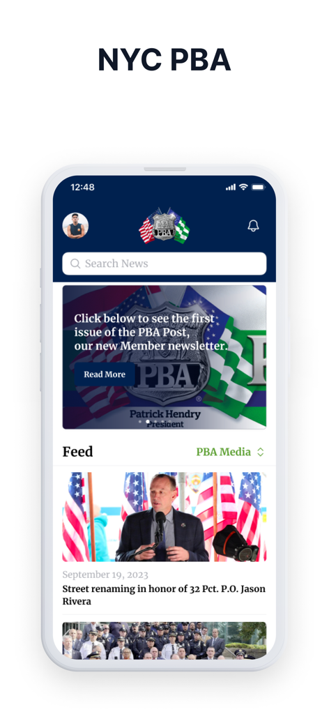 NYC PBA - NYC PBA mobile app interface showing a news feed with a member newsletter announcement and a police related news article