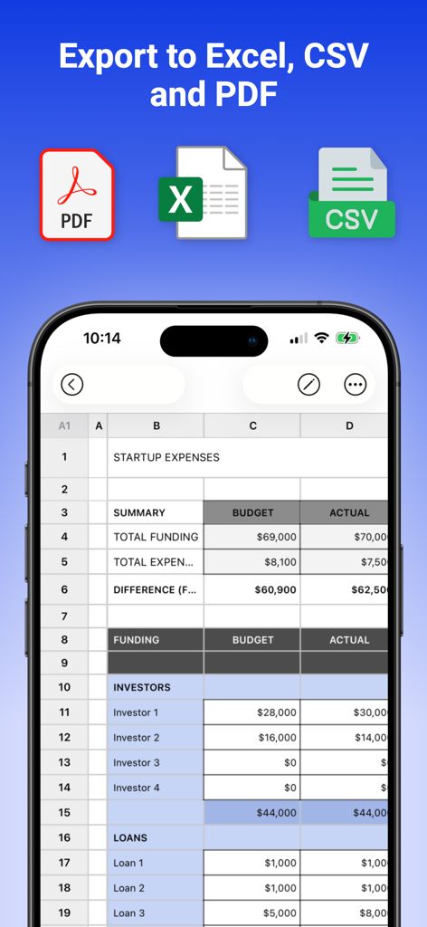 The Spreadsheet App. - Sheets - iPhone che mostra L'app per i fogli di calcolo con opzioni per esportare dati in formati Excel, CSV e PDF
