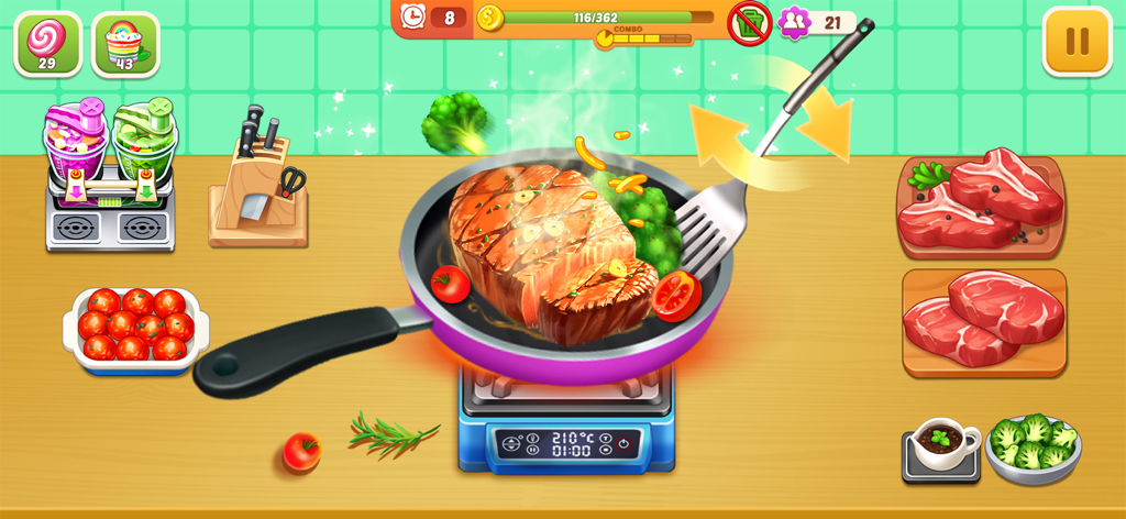 Crazy Kitchen: Cooking Games - A steak and broccoli cooking in a pan on a stove in the Crazy Kitchen mobile game