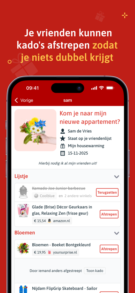 Lijstje.nl - Uma tela de aplicativo móvel mostrando uma lista de presentes de inauguração de casa com opções para amigos riscarem itens para evitar duplicatas.