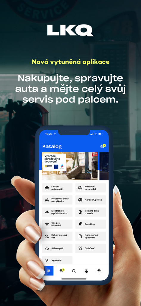 LKQ CZ - Schermata di uno smartphone che mostra l'app LKQ CZ con categorie per auto, camion e attrezzature per officine