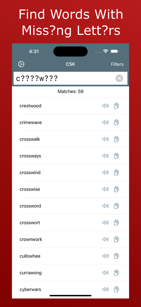 Crossword Solver King - Crossword Solver King app interface showing search results for words with missing letters.