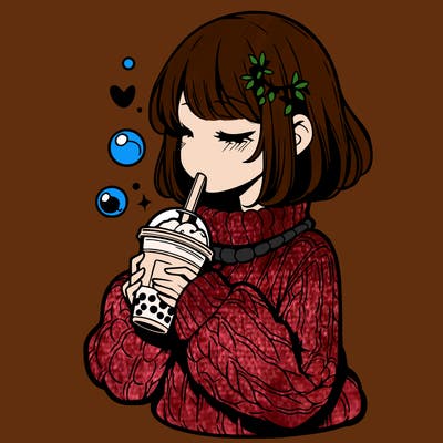 manga girl drinking boba in cozy sweater