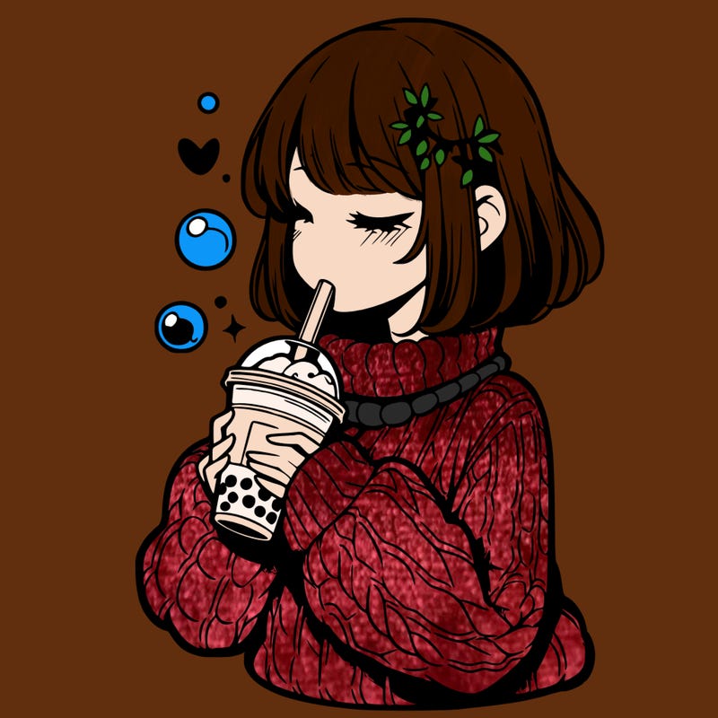manga girl drinking boba in cozy sweater