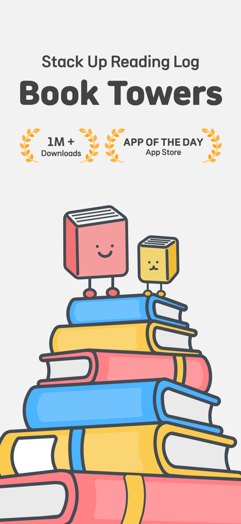Book Towers reading tracker app splash screen featuring a stack of colorful books and cute characters.