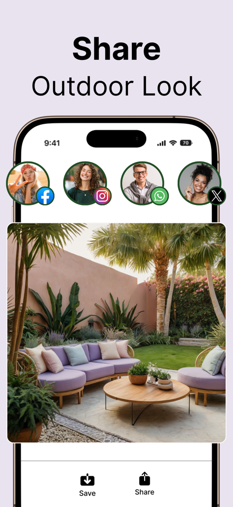 Une interface de smartphone montrant un design de paysage tropical avec des options de partage pour les plateformes de médias sociaux