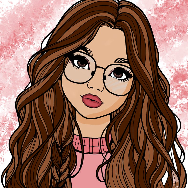 girl with long hair and freckles and glasses realistic