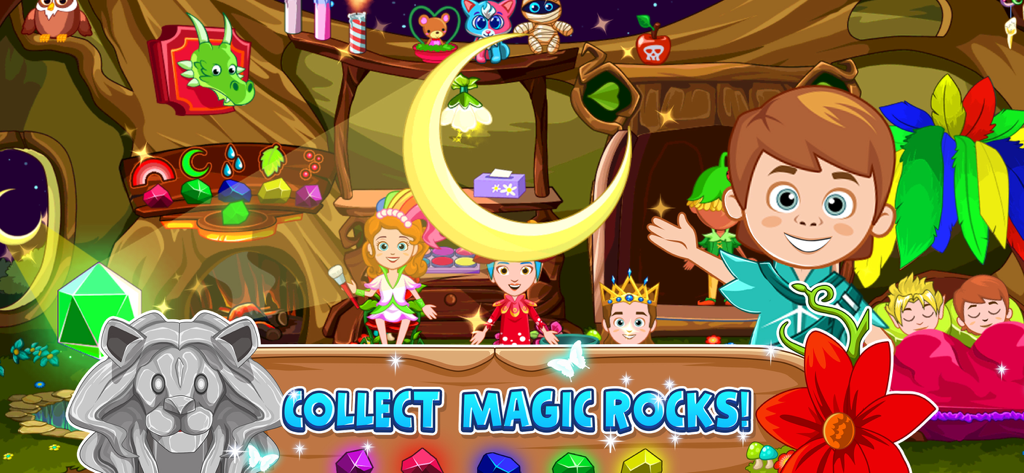 My Little Princess Fairy Game - マイリトルプリンセスフェアリーゲームのカラフルなゲームプレイシーン。キャラクターたちが魔法のツリーハウスで交流し、魔法の石を集めるプロンプトが表示される