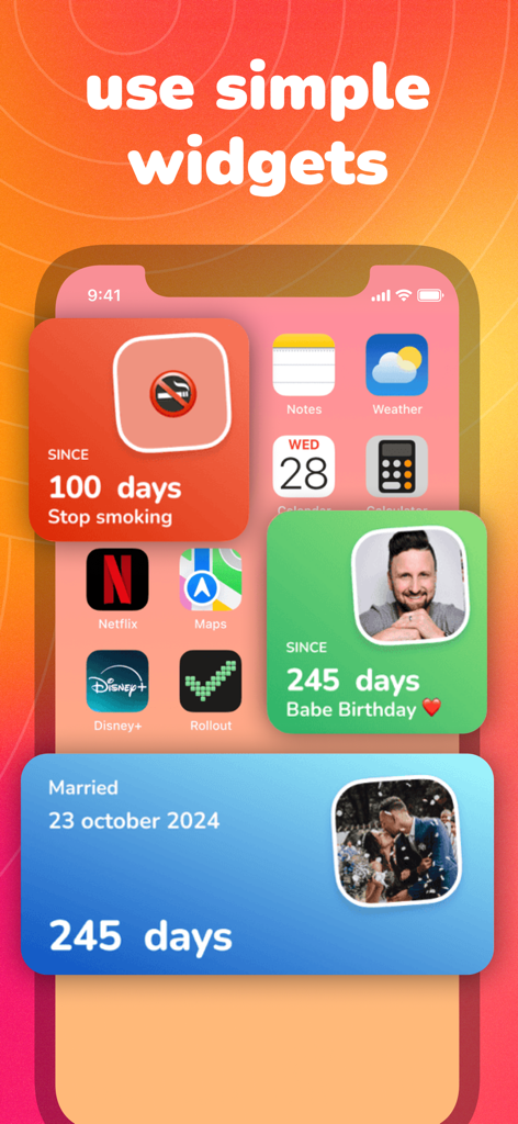 Countly: Countdown, Date Timer - Customizable countdown widgets on an iPhone home screen tracking life events like marriage and birthdays