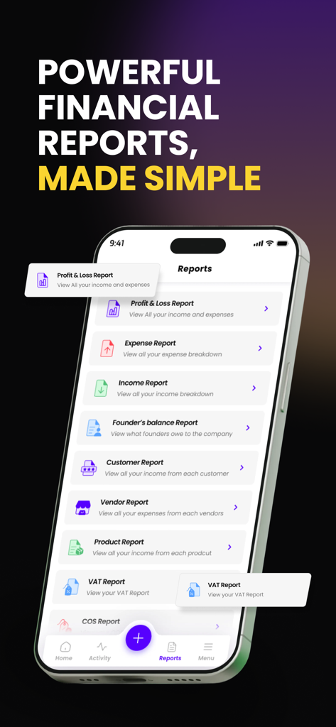 Interface of Metric Financial Analytics app displaying a menu of business reports