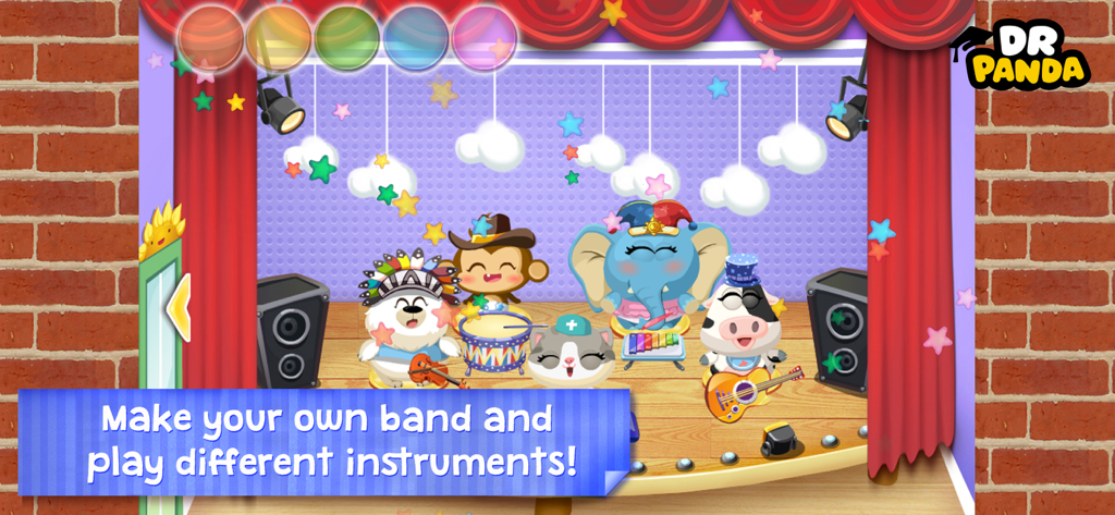 Dr. Panda Daycare - Cinco tiernos personajes animales tocando instrumentos musicales en un escenario en Dr. Panda Guardería.