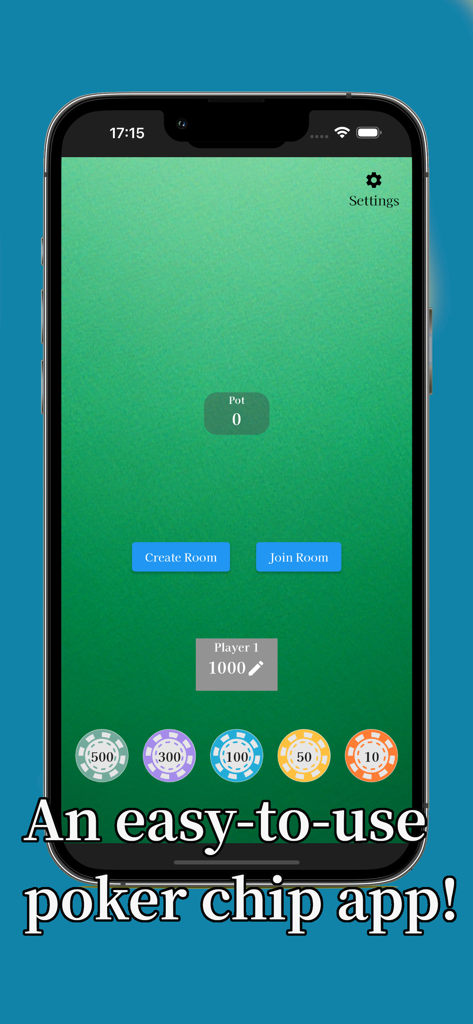 Poker Chips Anywhere - A smartphone screen displaying the Poker Chips Anywhere app with digital poker chips and game room buttons