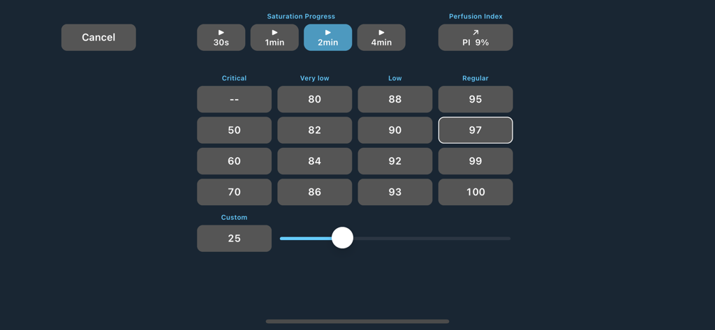 Medical Rescue Sim Pro - Oxygen saturation progress and perfusion index settings in Medical Rescue Sim Pro.