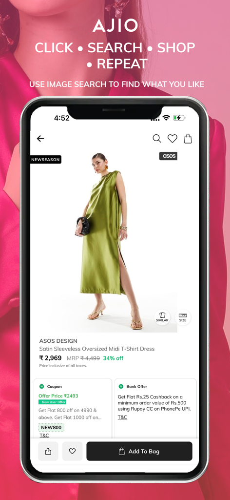 Mobile phone screen showing the AJIO app product page for a green satin midi dress with shopping features