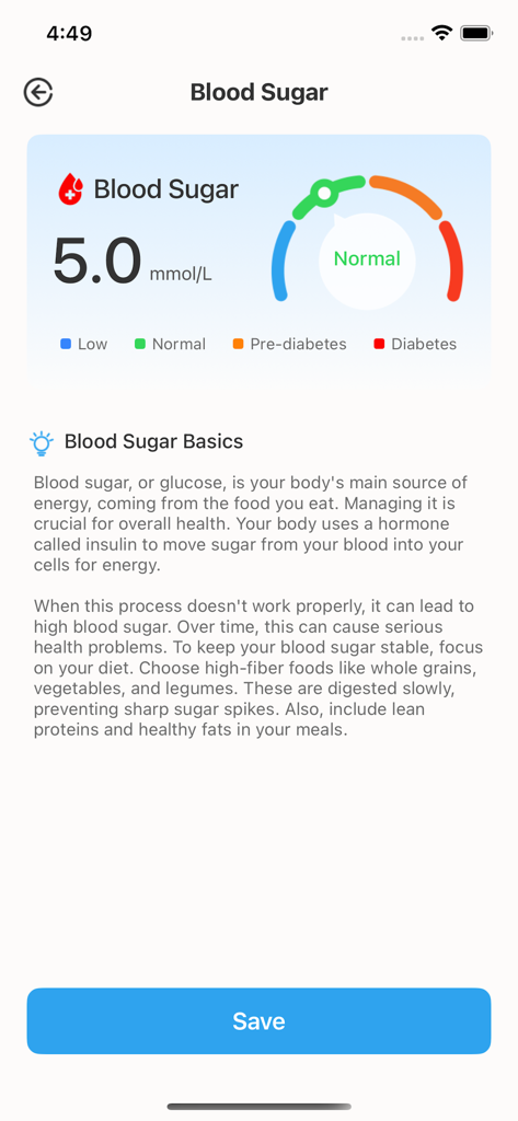 VitalBP: Heart Rate Monitor - Mobile app screen showing a normal blood sugar reading of 5.0 mmol per L with a visual gauge and health tips.