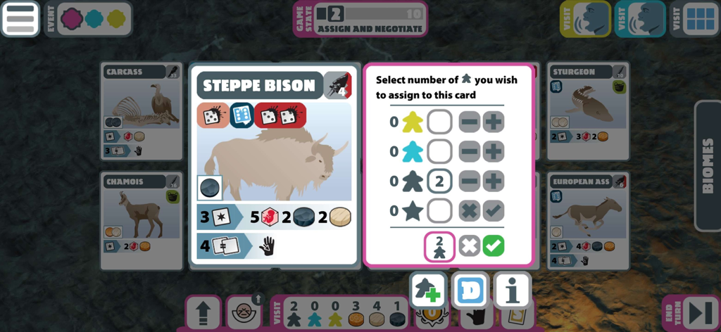 Neanderthal board game Premium - Gameplay screenshot of Neanderthal board game showing worker assignment to a Steppe Bison card