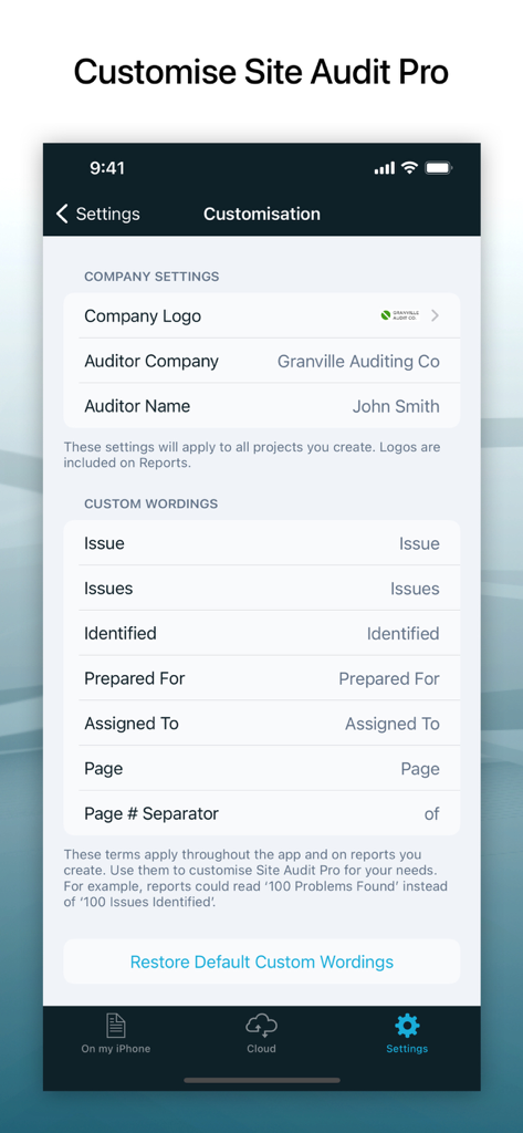 Site Audit Pro app interface for customizing company branding and report terminology
