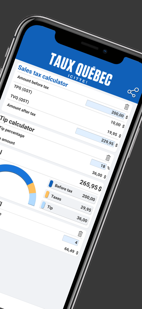Tax Calculator Quebec GST QST - A mobile interface of the Quebec tax and tip calculator showing GST QST and tip breakdown