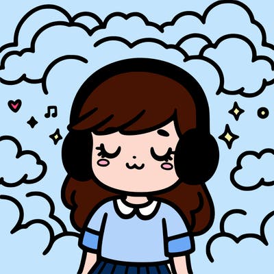 girl with headphones and clouds around her
