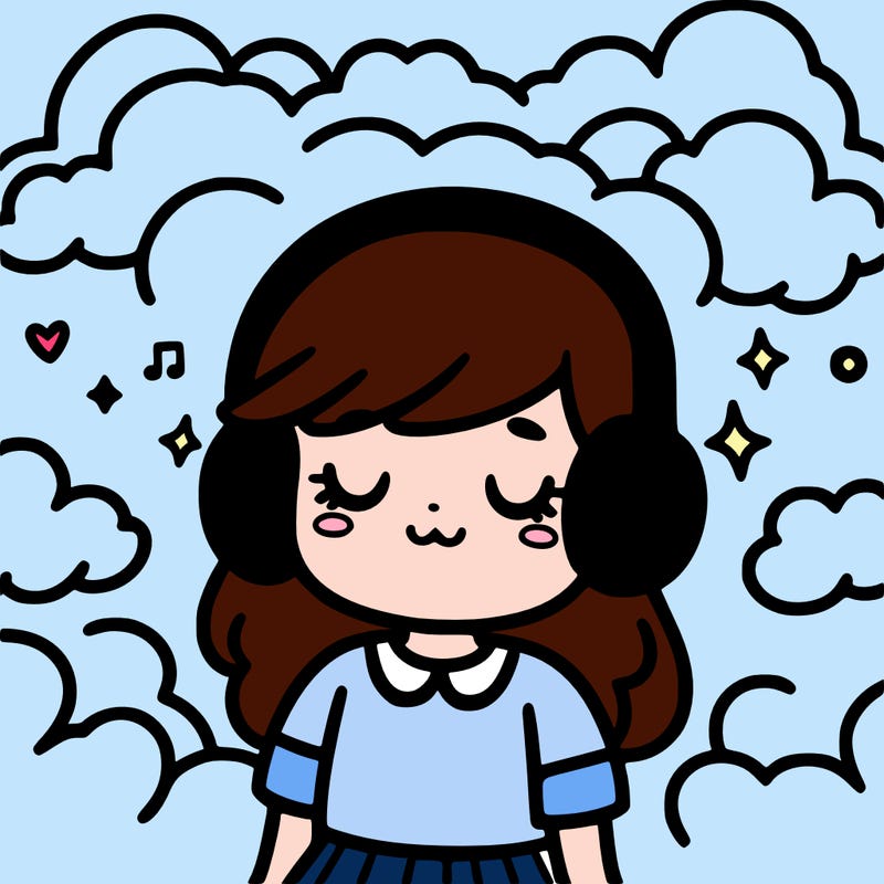 girl with headphones and clouds around her
