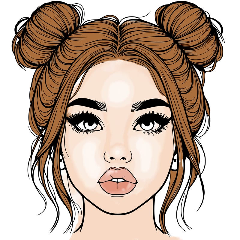 realistic girl with two buns on her hair and lips