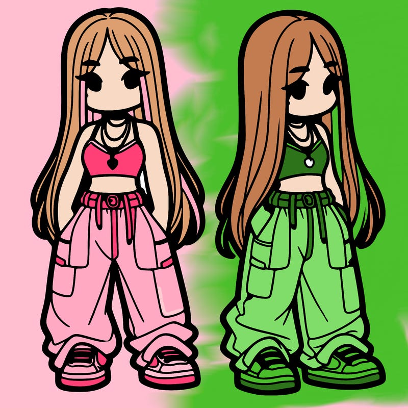 girl in baggy pants crop top and long hair