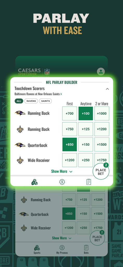 Caesars Sportsbook - Caesars Sportsbookアプリのインターフェース。タッチダウンスコアラーベットのためのNFLパーレイビルダーを表示しています。