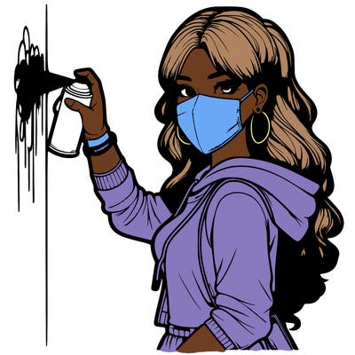 realistic girl with mask spray painting a wall