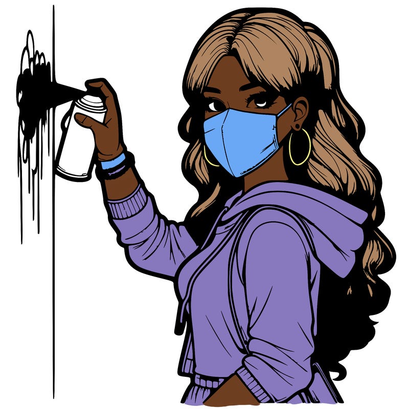 realistic girl with mask spray painting a wall