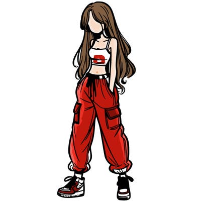 girl in baggy pants crop top and long hair