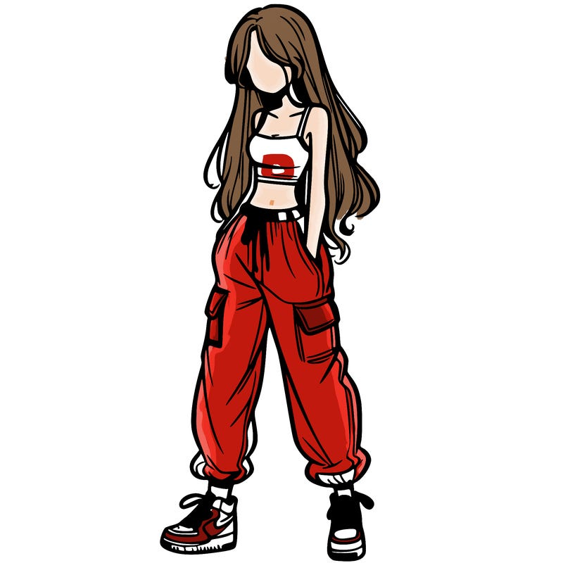 girl in baggy pants crop top and long hair