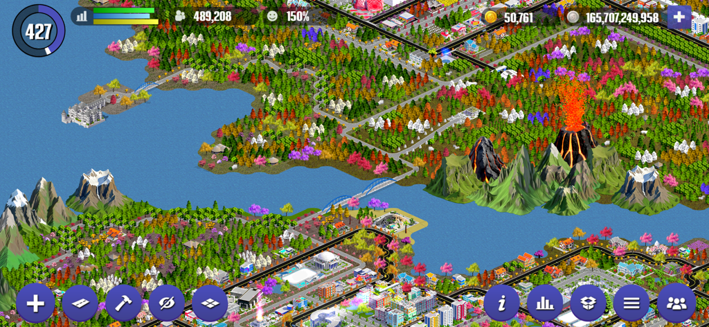 Designer City 2 - Vista aérea de una ciudad personalizada en Designer City 2 con un volcán y un río.