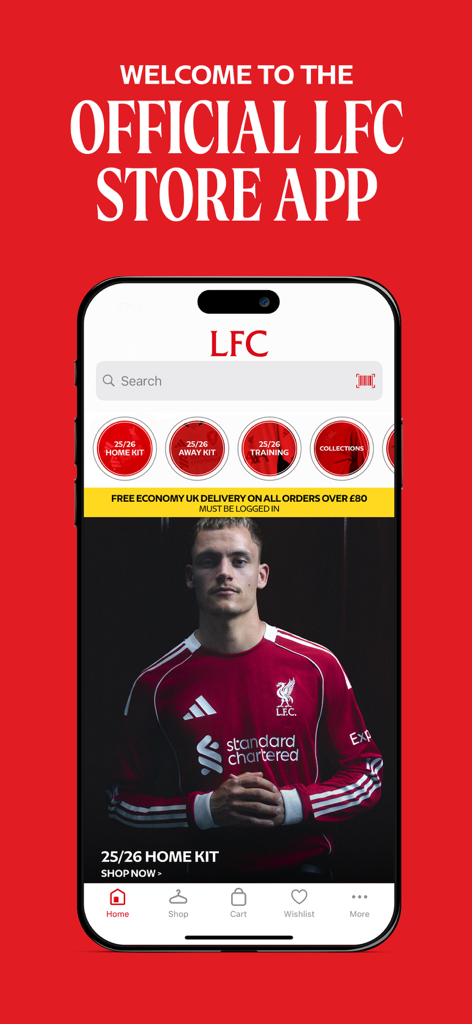 Écran d'accueil de l'application de la boutique officielle du Liverpool FC montrant le kit domicile de la saison actuelle.
