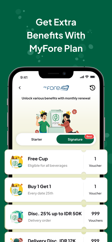 Fore Coffee - Fore Coffeeモバイルアプリ画面に、MyForeプランの下にあるロイヤリティ特典と割引バウチャーが表示されています