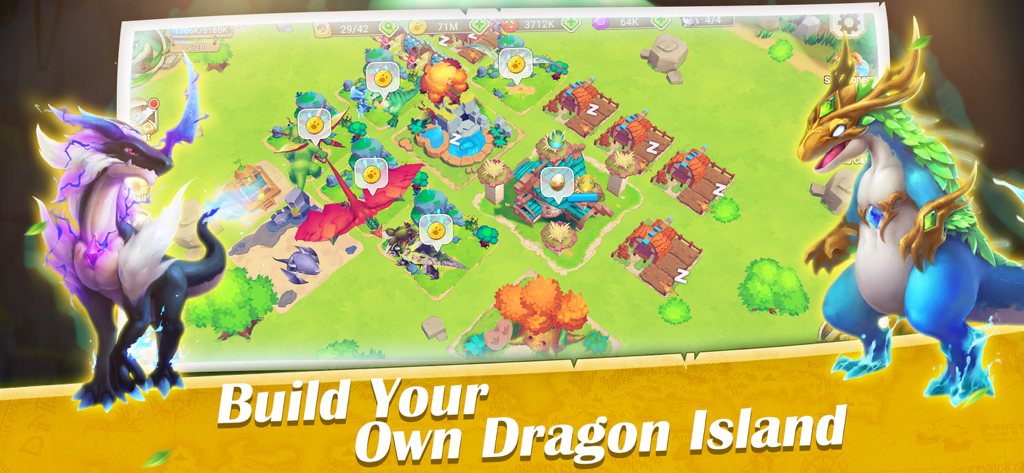 Dragon Tamer: Genesis - A gameplay screenshot of Dragon Tamer Genesis showcasing the island building feature with vibrant dragons in the foreground.