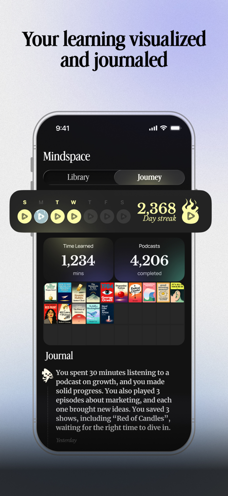 BeFreed app Mindspace dashboard showing learning statistics streaks and journal progress