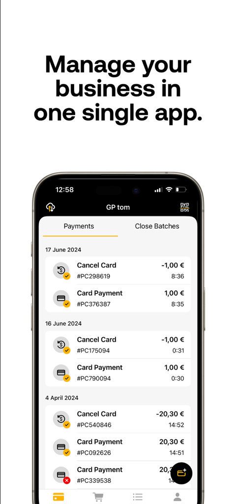 GP tom - Die GP tom Mobile App zeigt eine Liste von Kartenzahlungstransaktionen und den Verlauf für die Geschäftsverwaltung an.