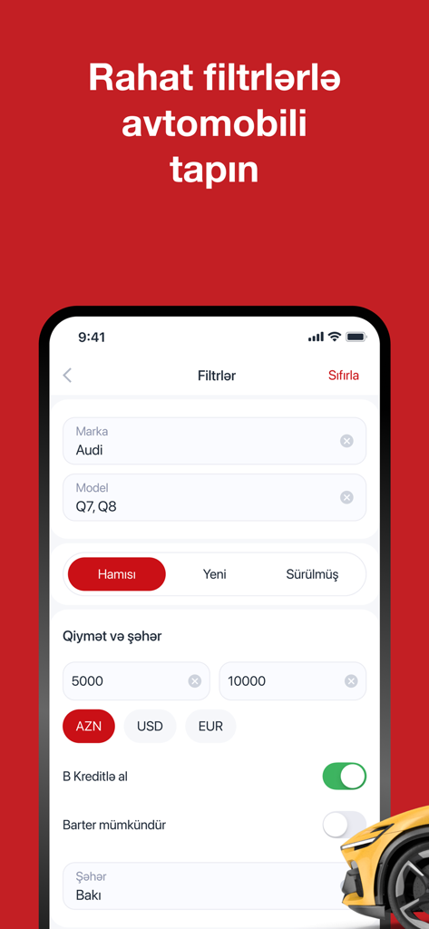 Turbo.az - Turbo.az mobile app interface showing car search filters by brand model and price
