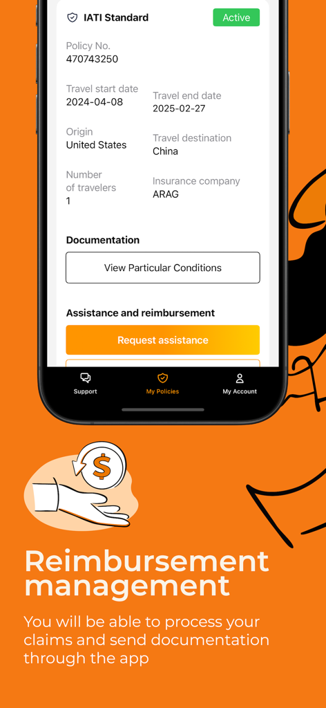 IATI app interface showing active travel insurance policy details and reimbursement management section