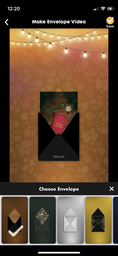 Video Invitation Maker Ecards - ユーザーがビデオ招待状用のさまざまな封筒デザインを選択およびカスタマイズできるVinviteアプリのインターフェース