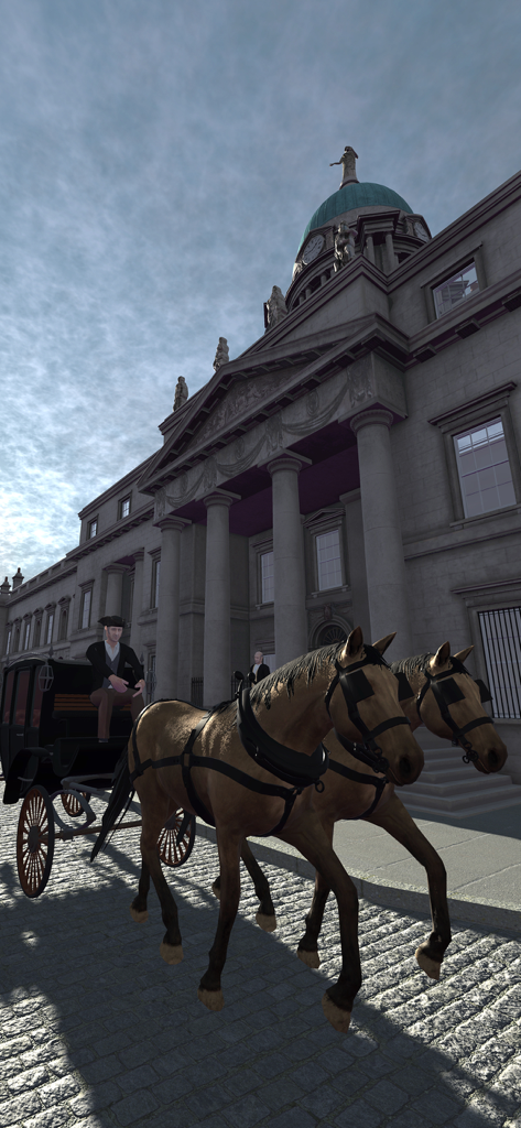Dublin Discovery Trails - 3D augmented reality scene of a historical horse-drawn carriage in front of a building in Dublin