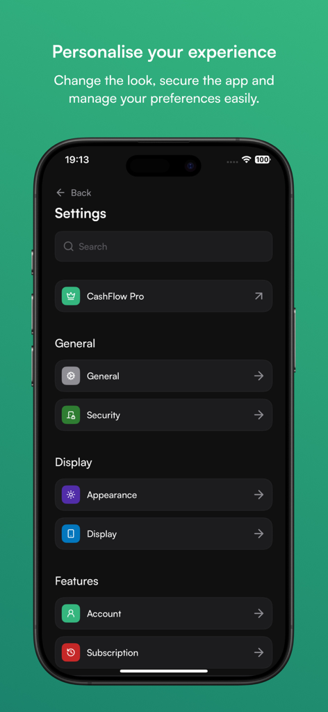 CashFlow - Expense Tracker - Settings screen of the CashFlow app showing options for security, appearance, and account management