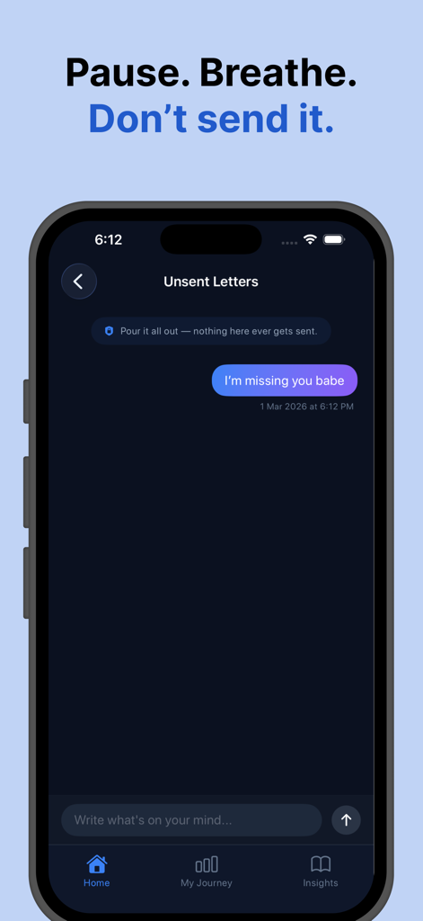 No Contact Breakup Tracker AI - Interface of the No Contact Breakup Tracker app showing the Unsent Letters feature to prevent texting an ex