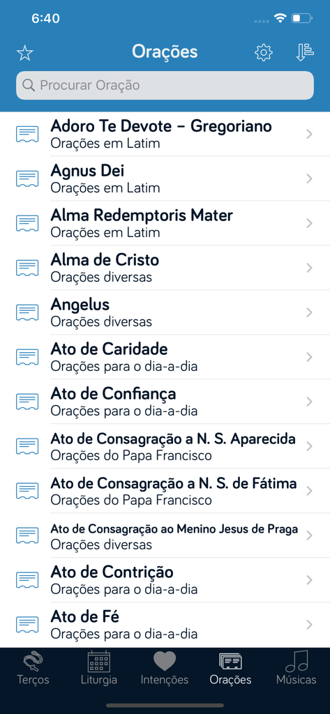 Interface of the Pocket Terço app displaying a searchable list of Catholic prayers in Portuguese.