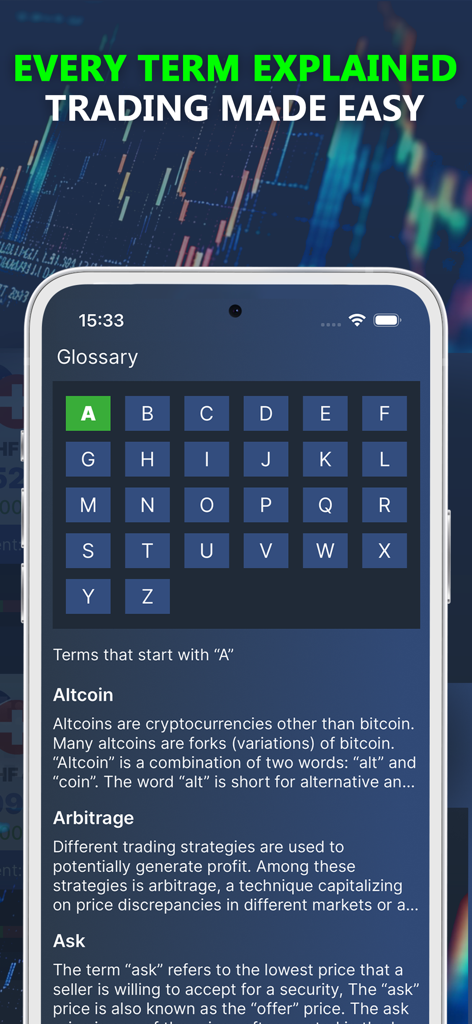 Demo Trading Hub - Pantalla de la aplicación móvil Demo Trading Hub mostrando un glosario de términos financieros de la A a la Z con definiciones para Altcoin y Arbitraje